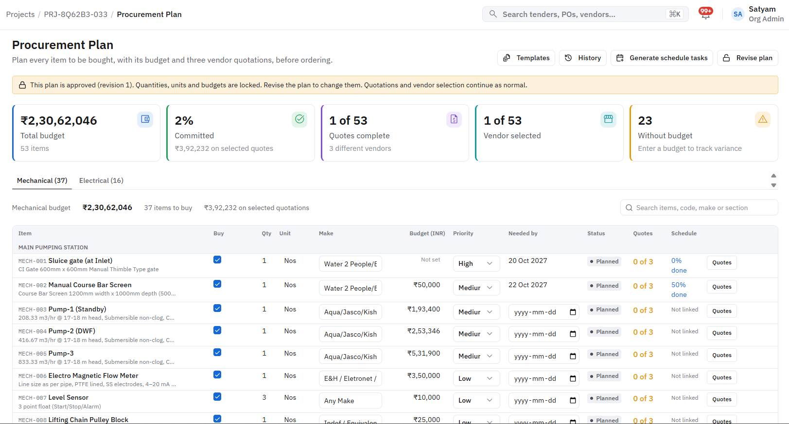 Procurement plan listing items, budgets, priorities and vendor quotations