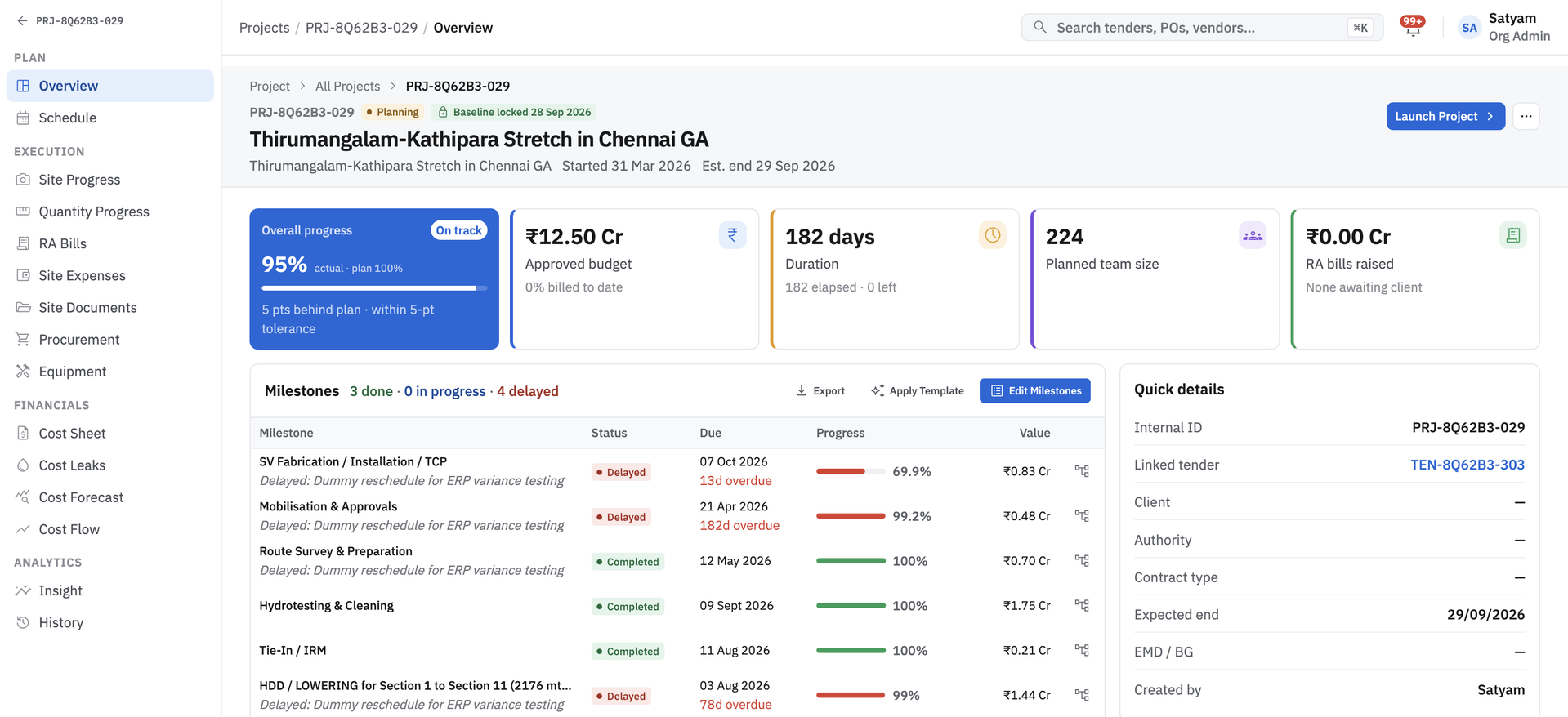 Project overview with progress against plan, approved budget and milestone tracker