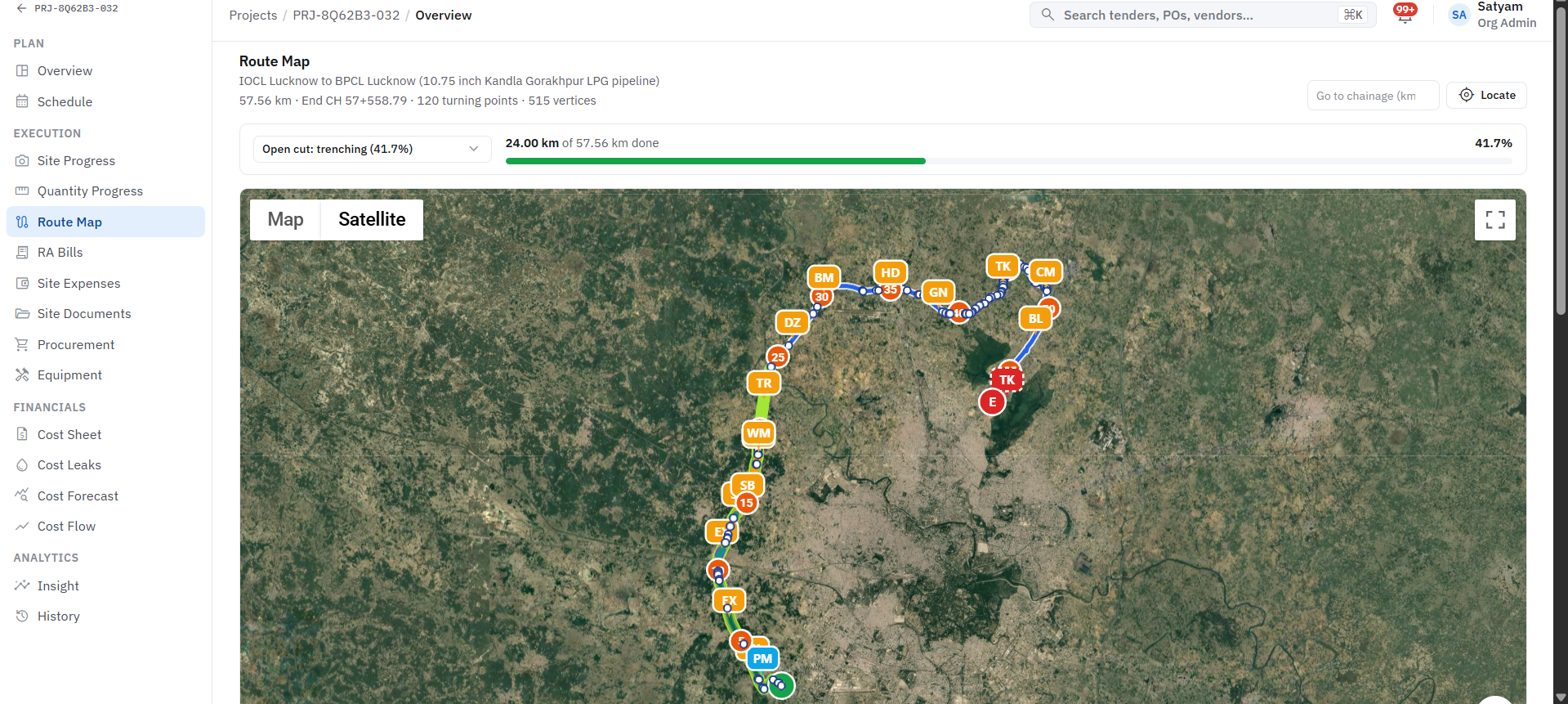 Pipeline route map with chainage progress on satellite view