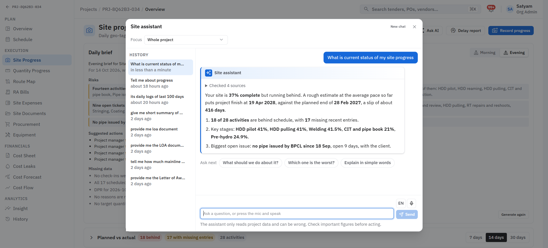 Site assistant answering a question about project progress from project data